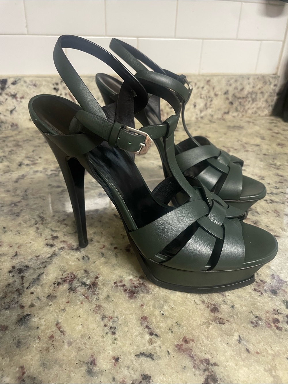 Saint Laurent Tribute Platform Sandals Heels Dark Green size 41 Smooth leather - Picture 3 of 15